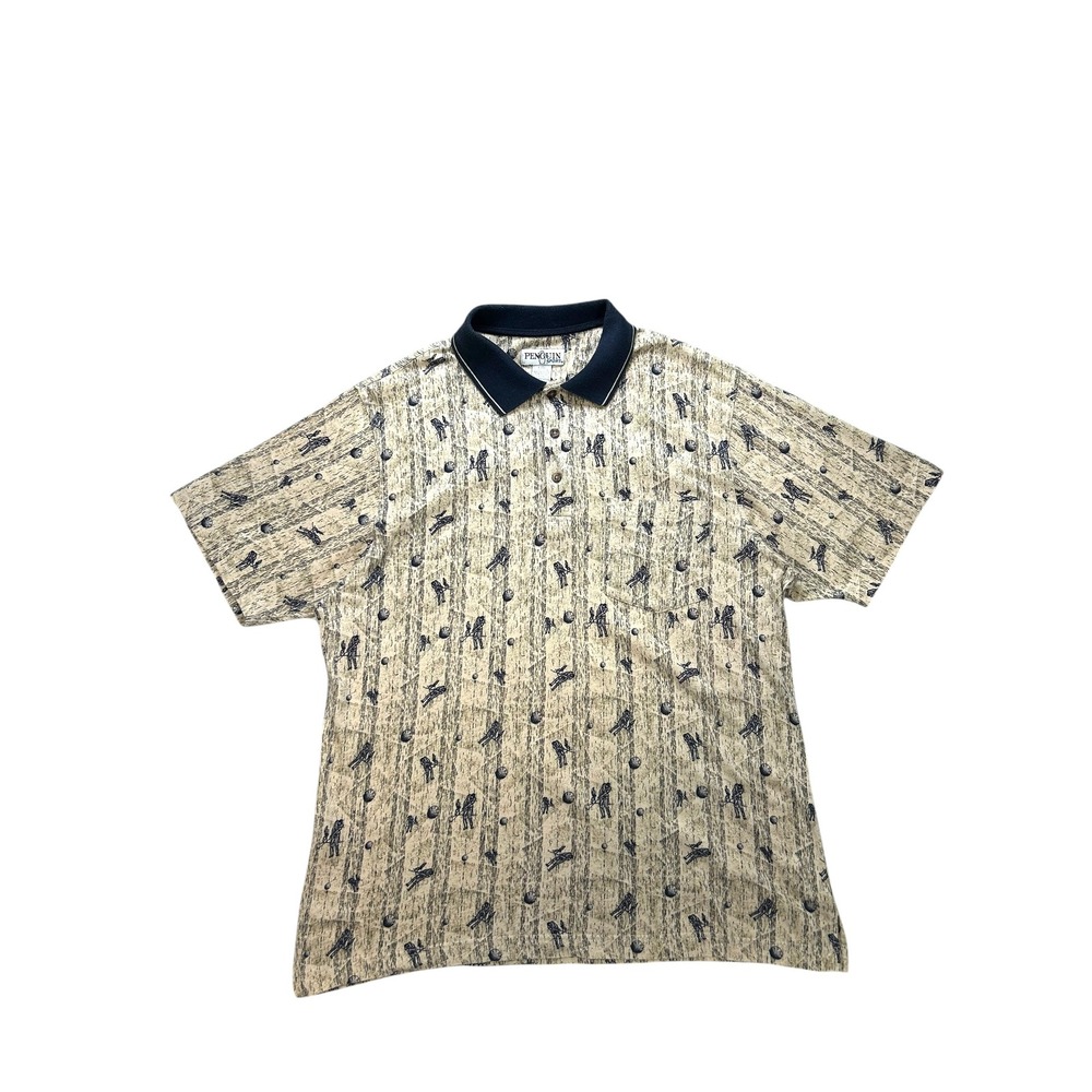 VTG Penguin Sport Men Large Beige Navy Golf Print Cotton Short Sleeve Polo Shirt
